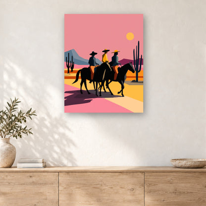 Tableau peinture par numéro Trois Cavaliers du Désert accroché dans un intérieur décoré, Maison Artsen