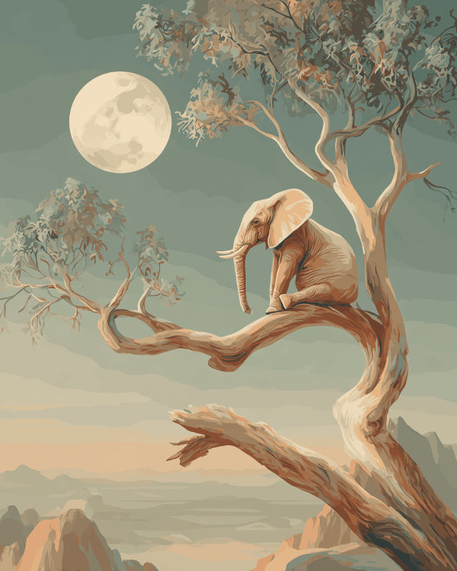 Peinture par numéro adulte Éléphant Perché sous la Lune, visuel complet du design sur toile, Maison Artsen