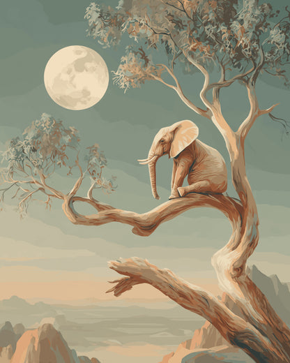 Peinture par numéro adulte Éléphant Perché sous la Lune, visuel complet du design sur toile, Maison Artsen