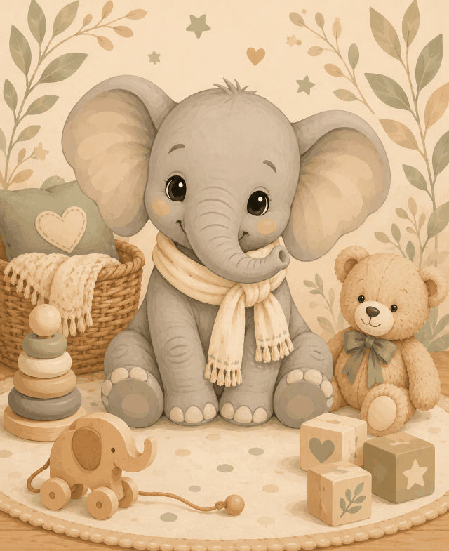 Peinture par numéro adulte Bébé Éléphant et ses Jouets, visuel complet du design sur toile, Maison Artsen