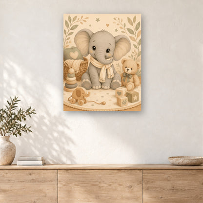 Tableau peinture par numéro Bébé Éléphant et ses Jouets accroché dans un intérieur décoré, Maison Artsen