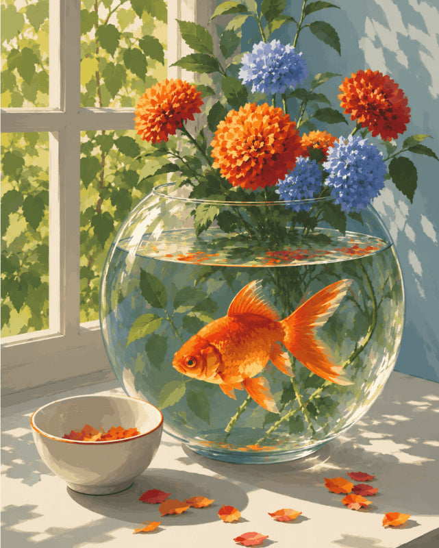 Peinture par numéro adulte Poisson Rouge à la Fenêtre, visuel complet du design sur toile, Maison Artsen