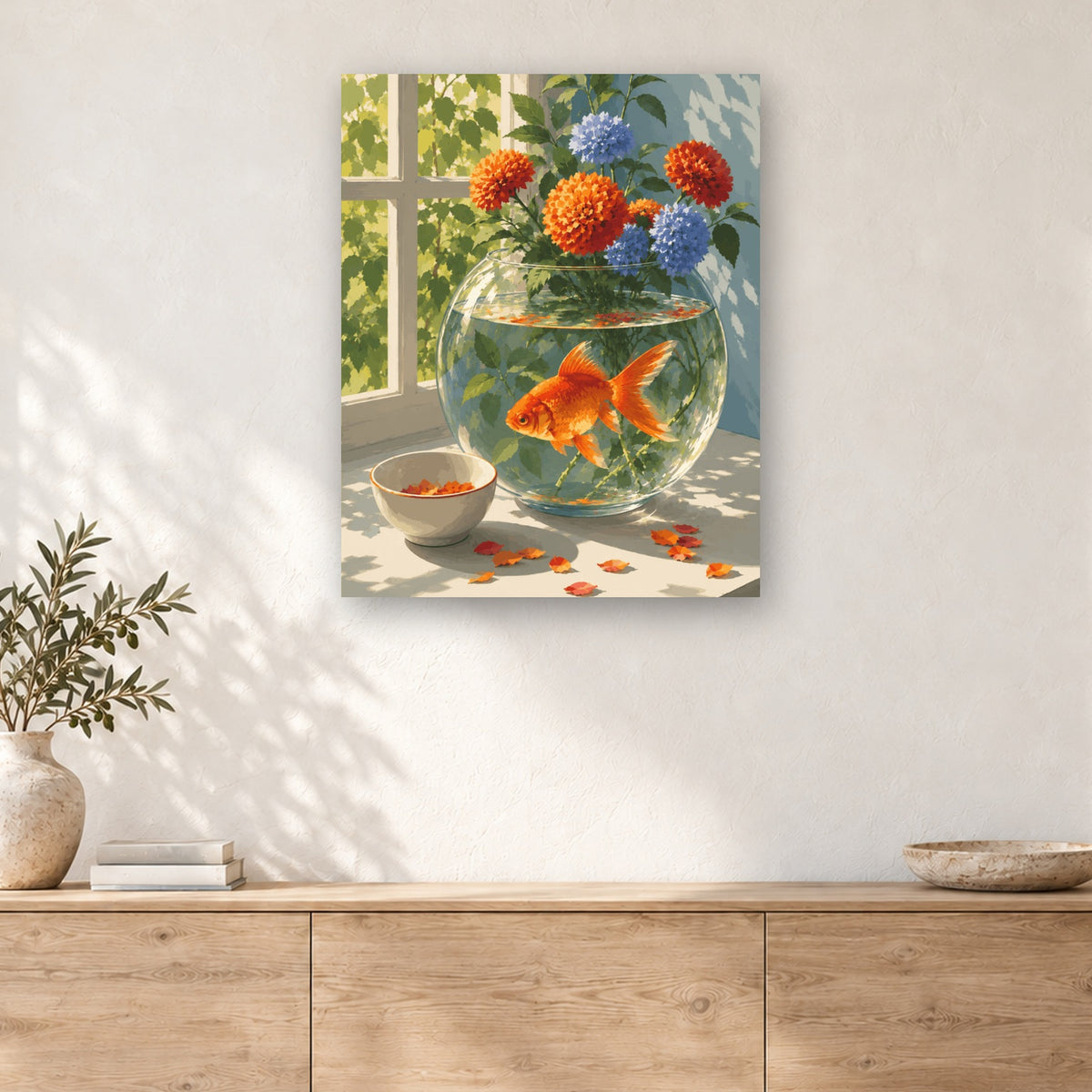 Tableau peinture par numéro Poisson Rouge à la Fenêtre accroché dans un intérieur décoré, Maison Artsen