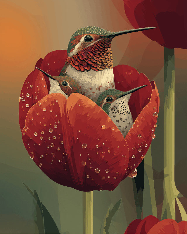 Peinture par numéro adulte Colibris dans la Tulipe, visuel complet du design sur toile, Maison Artsen