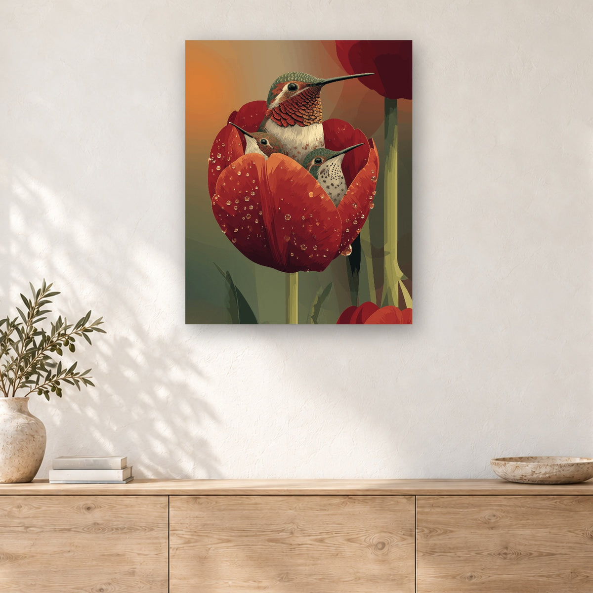Tableau peinture par numéro Colibris dans la Tulipe accroché dans un intérieur décoré, Maison Artsen
