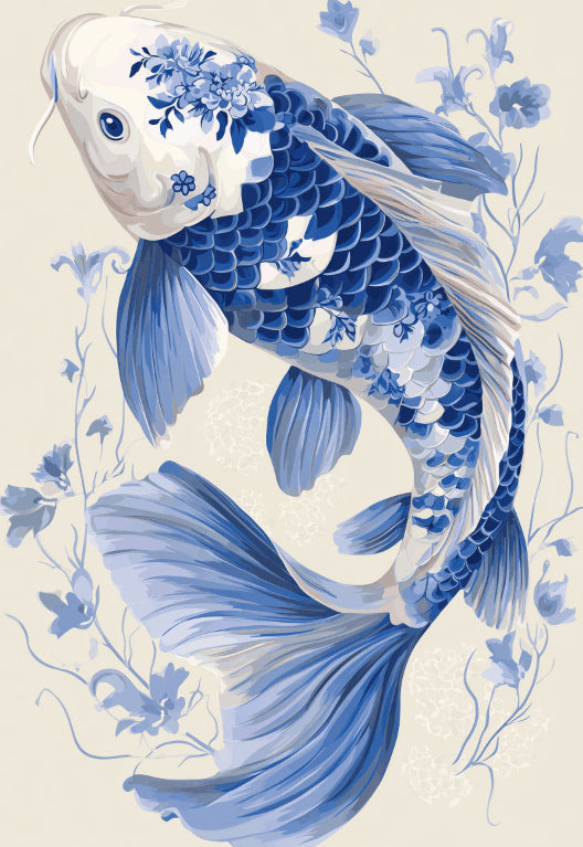 Peinture par numéro adulte Carpe Faïence Bleue, visuel complet du design sur toile, Maison Artsen