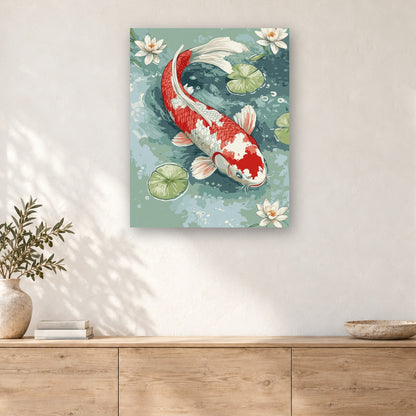 Tableau peinture par numéro Carpe Rouge et Blanche accroché dans un intérieur décoré, Maison Artsen
