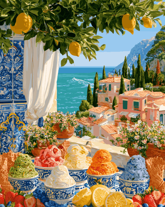 Peinture par numéro adulte Glaces en Terrasse, visuel complet du design sur toile, Maison Artsen