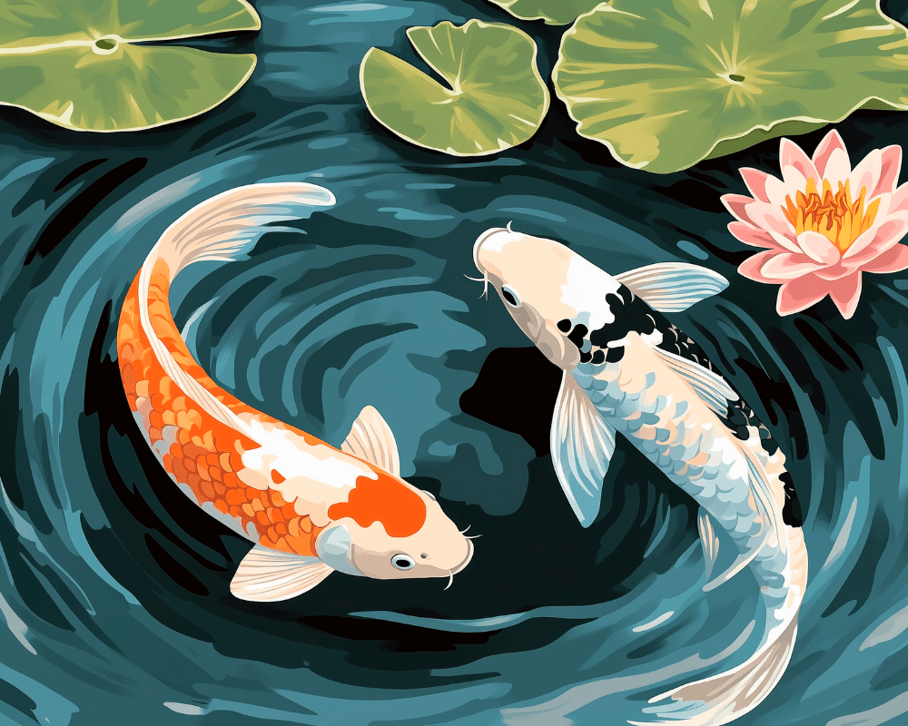 Peinture par numéro adulte Carpes en Yin et Yang, visuel complet du design sur toile, Maison Artsen