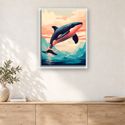 Tableau peinture par numéro Orque au Saut du Fjord accroché dans un intérieur décoré, Maison Artsen