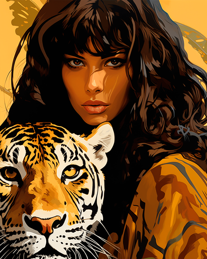 Peinture par numéro adulte La Femme et le Tigre, visuel complet du design sur toile, Maison Artsen