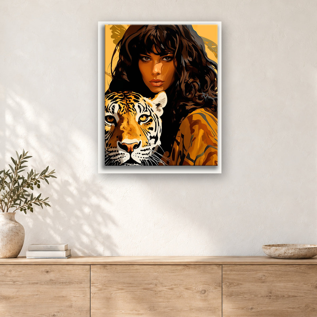 Tableau peinture par numéro La Femme et le Tigre accroché dans un intérieur décoré, Maison Artsen