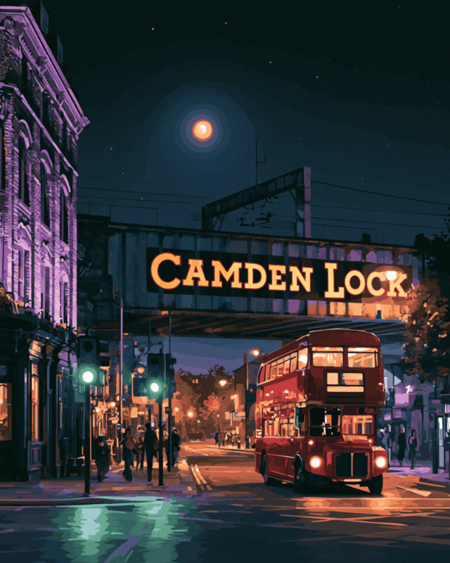 Peinture par numéro adulte Nuit à Camden, visuel complet du design sur toile, Maison Artsen