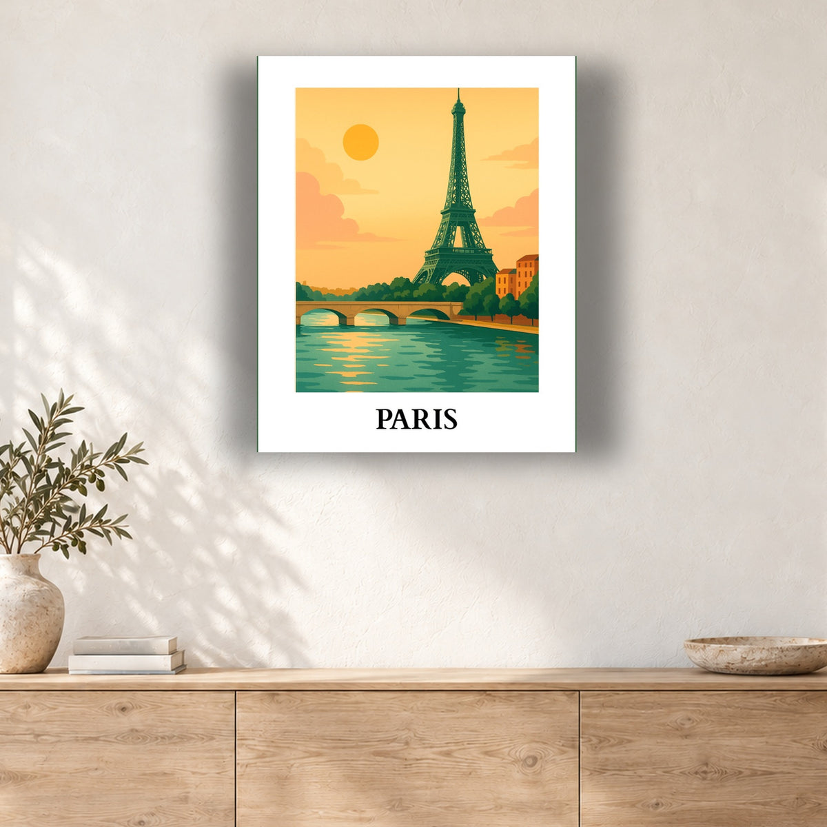 Tableau peinture par numéro Tour Eiffel au Soleil d'Or accroché dans un intérieur décoré, Maison Artsen