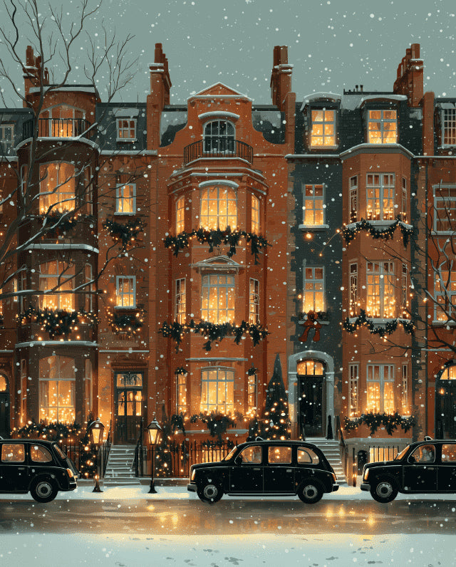 Peinture par numéro adulte Londres sous la Neige, visuel complet du design sur toile, Maison Artsen