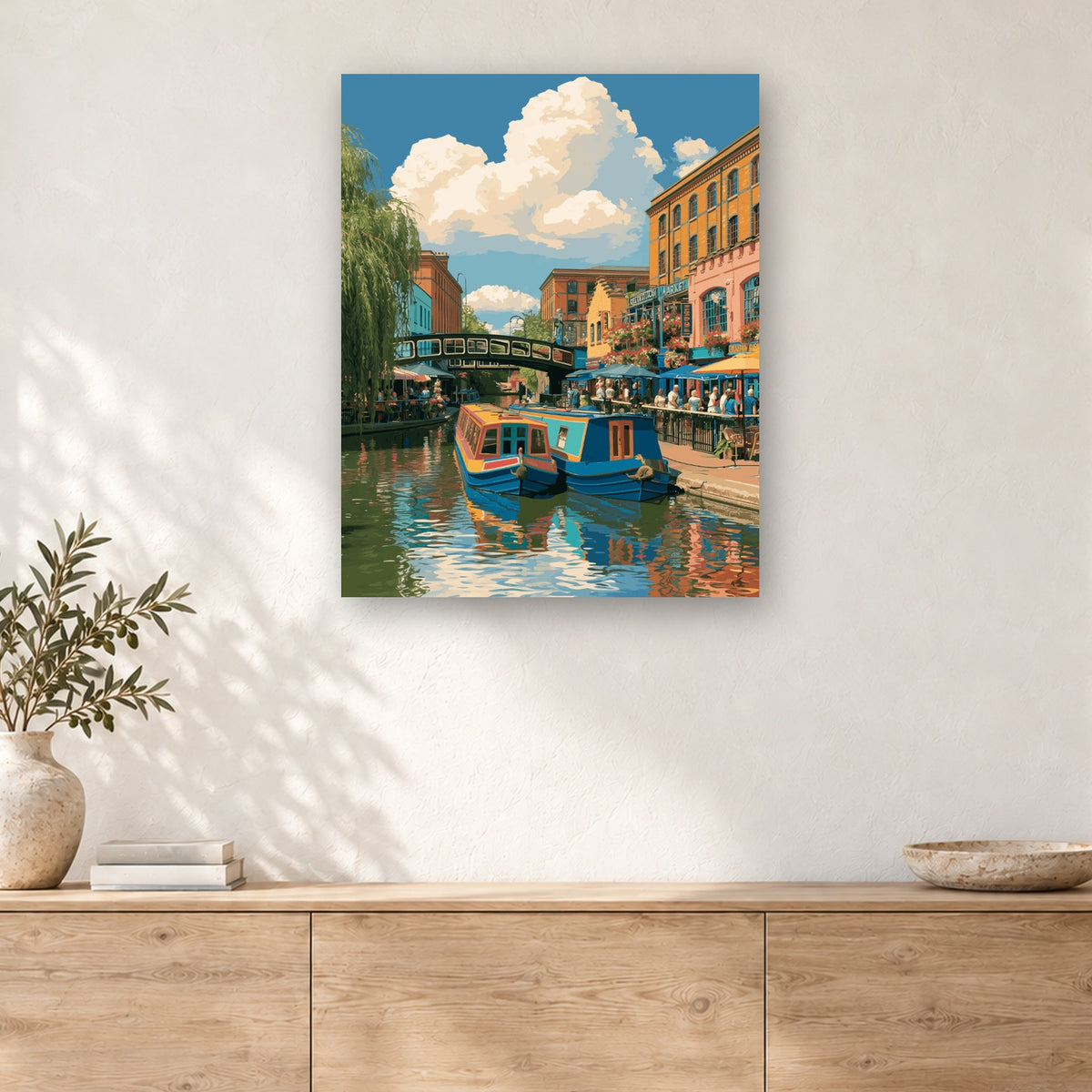 Tableau peinture par numéro Péniches de Camden accroché dans un intérieur décoré, Maison Artsen