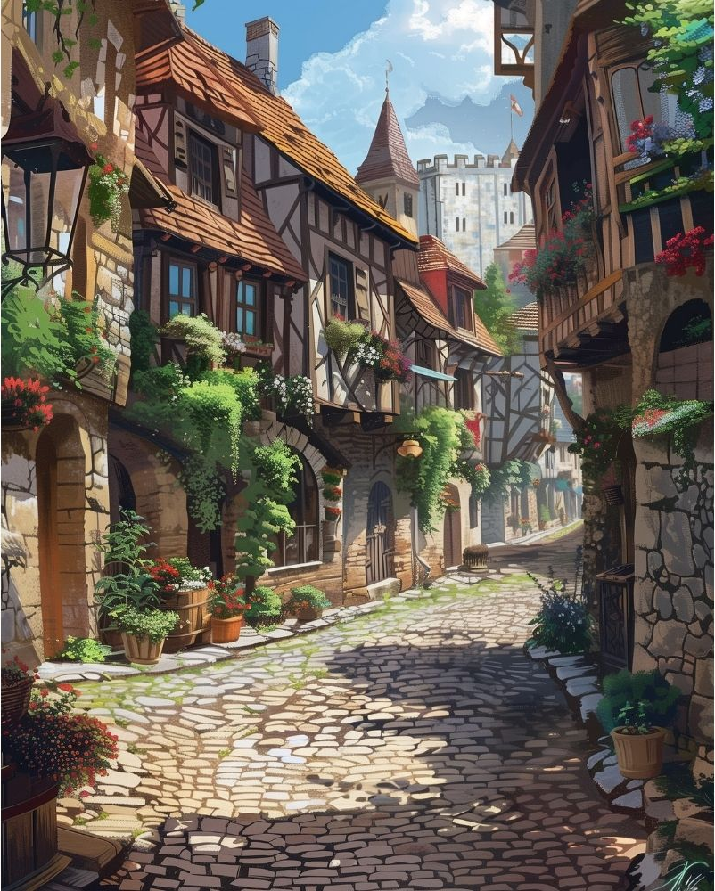 Peinture par numéro adulte Ruelle Pavée Médiévale, visuel complet du design sur toile, Maison Artsen