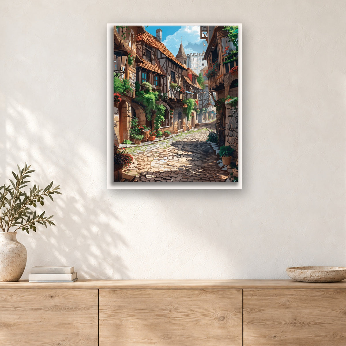 Tableau peinture par numéro Ruelle Pavée Médiévale accroché dans un intérieur décoré, Maison Artsen
