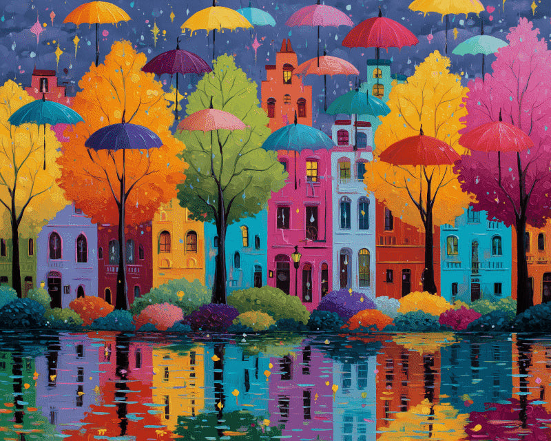 Peinture par numéro adulte Averse de Parapluies, visuel complet du design sur toile, Maison Artsen