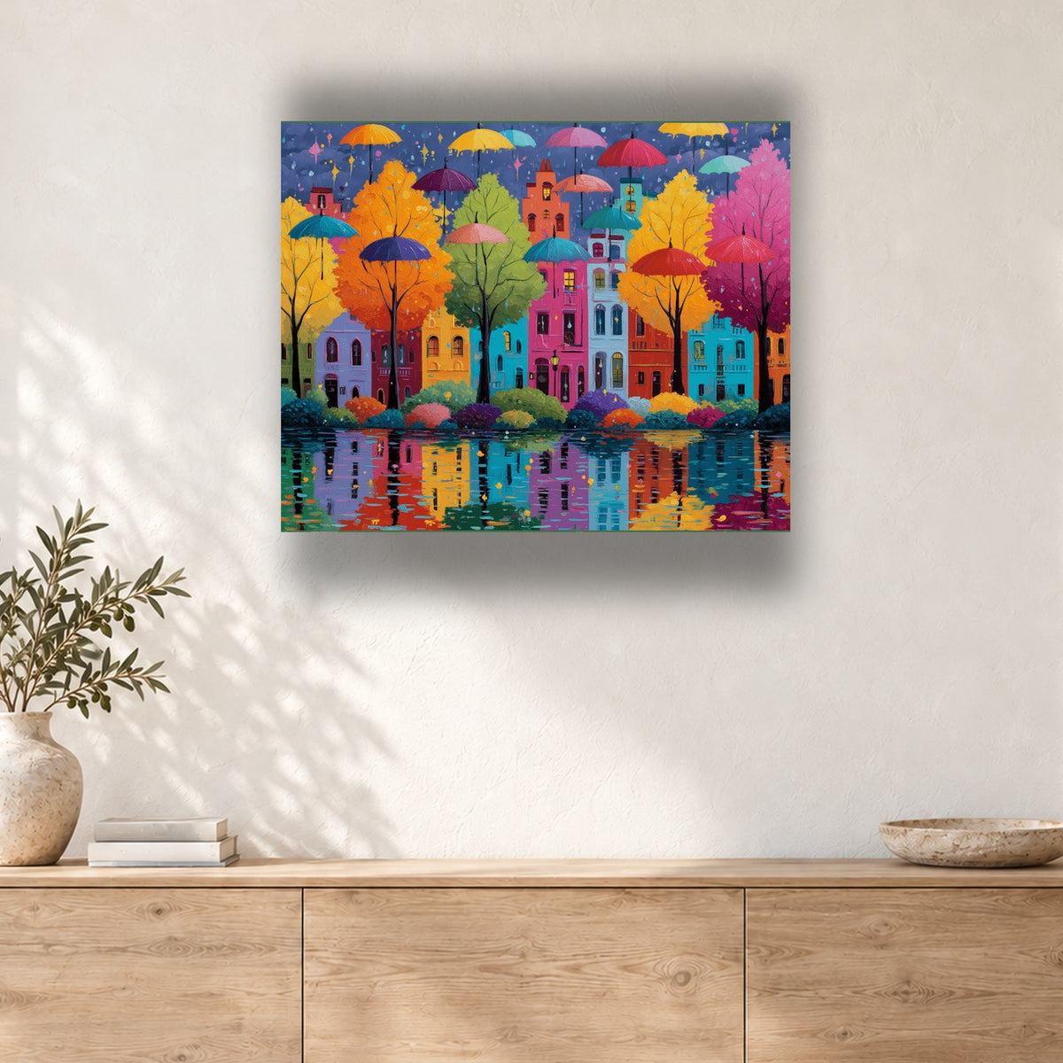 Tableau peinture par numéro Averse de Parapluies accroché dans un intérieur décoré, Maison Artsen