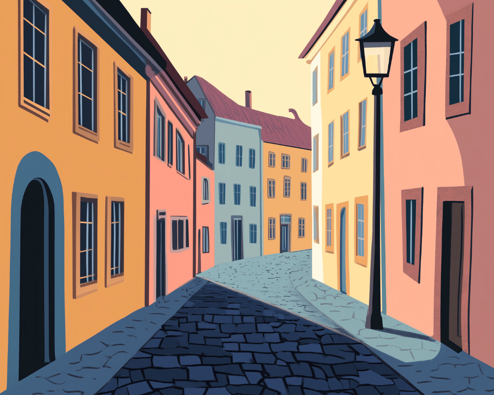 Peinture par numéro adulte Ruelle aux Façades Pastel, visuel complet du design sur toile, Maison Artsen