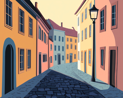 Peinture par numéro adulte Ruelle aux Façades Pastel, visuel complet du design sur toile, Maison Artsen