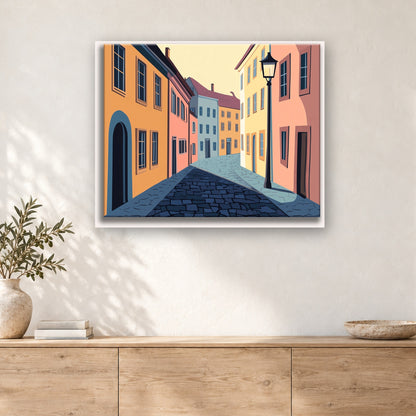 Tableau peinture par numéro Ruelle aux Façades Pastel accroché dans un intérieur décoré, Maison Artsen