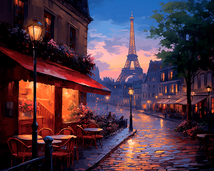 Peinture par numéro adulte Rue Pavée au Crépuscule, visuel complet du design sur toile, Maison Artsen