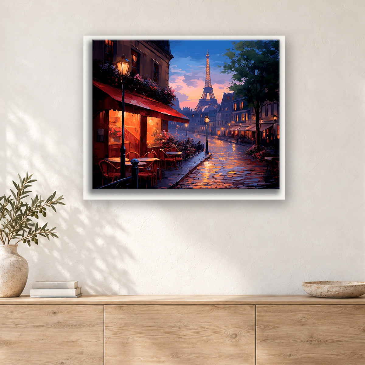 Tableau peinture par numéro Rue Pavée au Crépuscule accroché dans un intérieur décoré, Maison Artsen