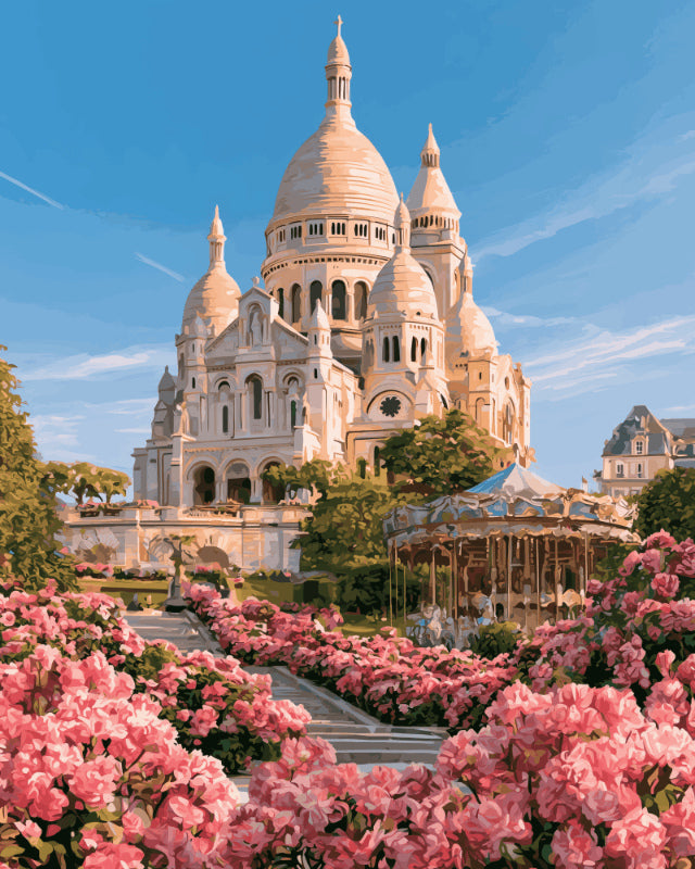 Peinture par numéro adulte Montmartre en Fleurs, visuel complet du design sur toile, Maison Artsen