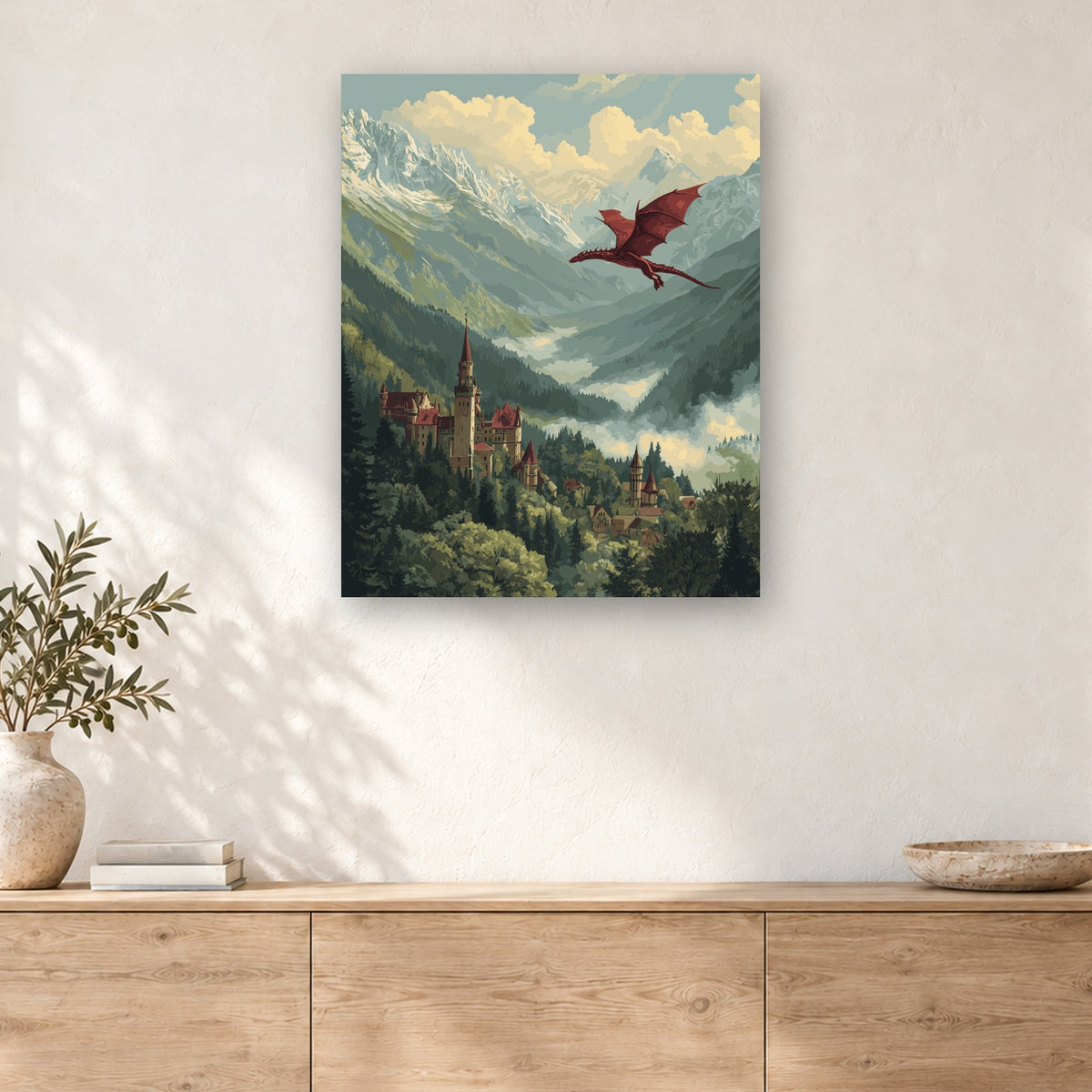 Tableau peinture par numéro Dragon sur la Vallée accroché dans un intérieur décoré, Maison Artsen