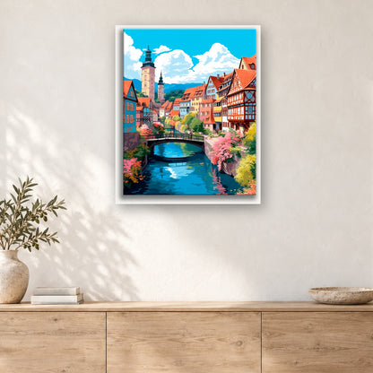 Tableau peinture par numéro Petit Pont du Village Fleuri accroché dans un intérieur décoré, Maison Artsen