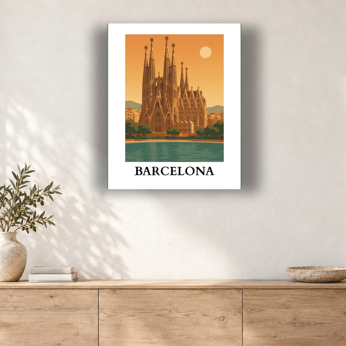 Tableau peinture par numéro Affiche Barcelone Dorée accroché dans un intérieur décoré, Maison Artsen