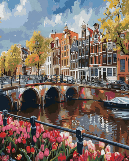 Peinture par numéro adulte Tulipes sur le Canal, visuel complet du design sur toile, Maison Artsen