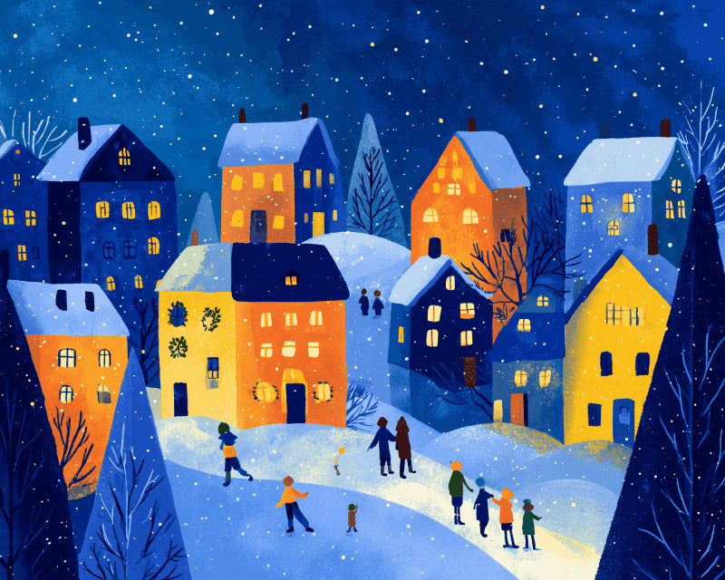 Peinture par numéro adulte Village sous la Neige, visuel complet du design sur toile, Maison Artsen