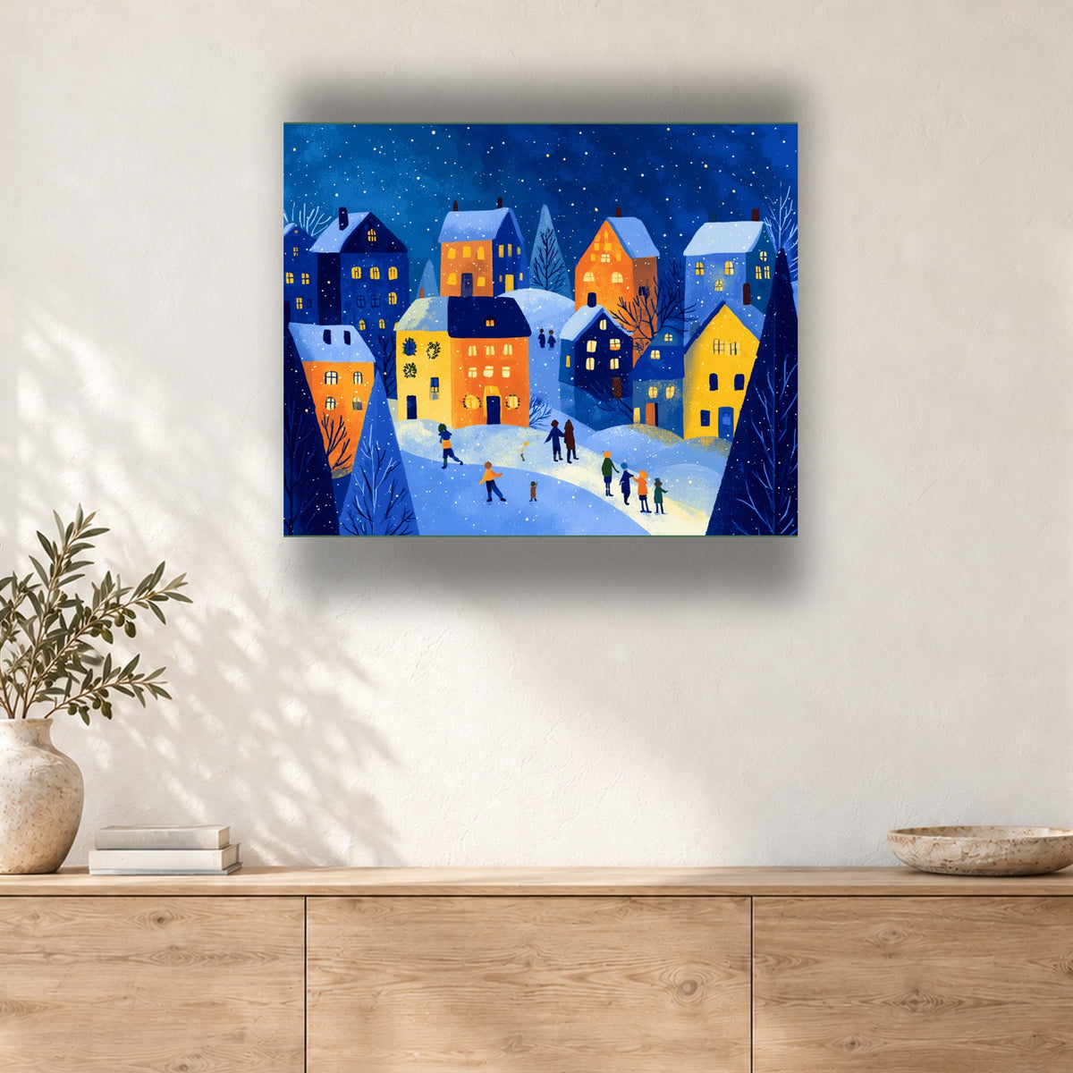 Tableau peinture par numéro Village sous la Neige accroché dans un intérieur décoré, Maison Artsen
