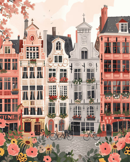 Peinture par numéro adulte Façades Flamandes en Fleurs, visuel complet du design sur toile, Maison Artsen