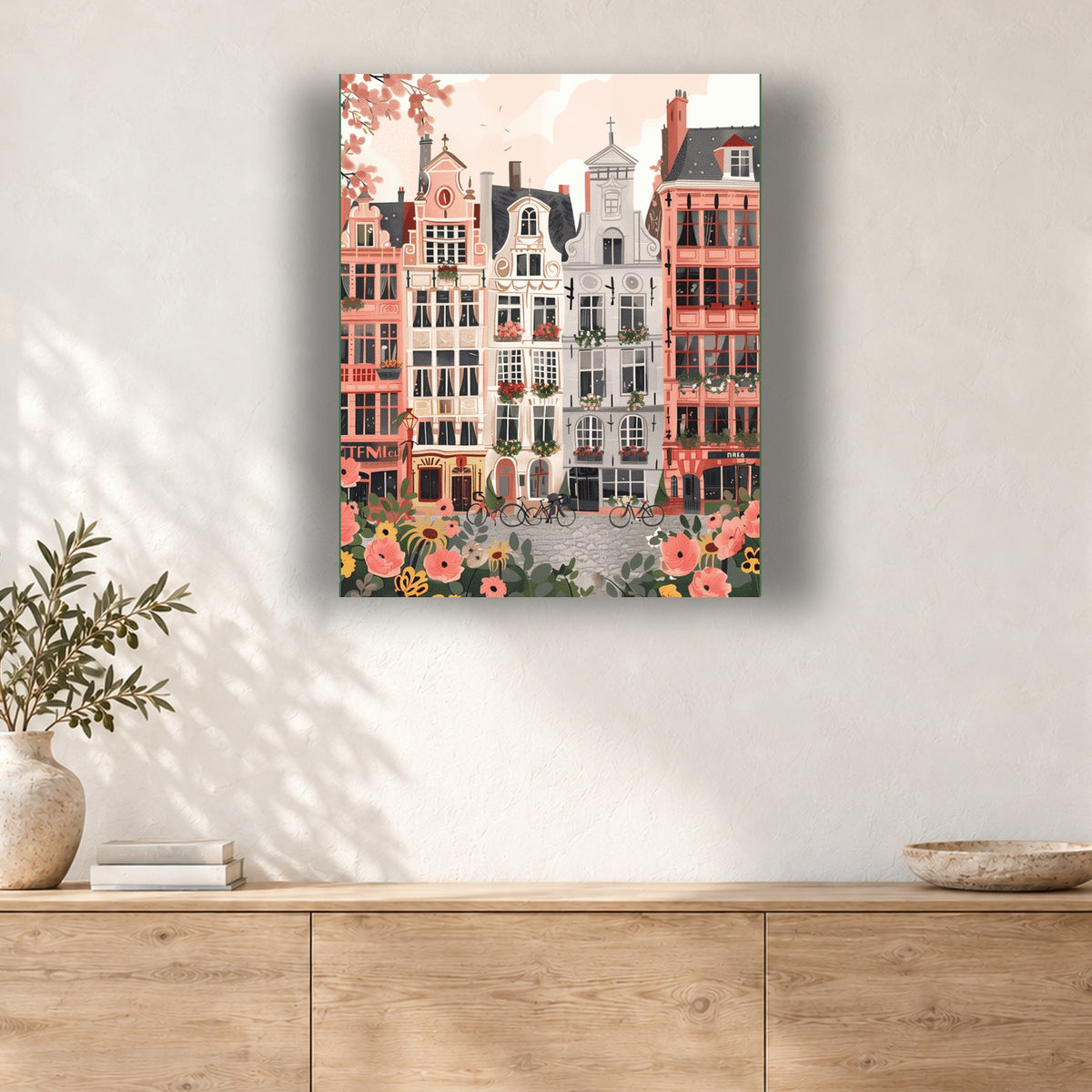 Tableau peinture par numéro Façades Flamandes en Fleurs accroché dans un intérieur décoré, Maison Artsen