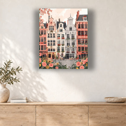 Tableau peinture par numéro Façades Flamandes en Fleurs accroché dans un intérieur décoré, Maison Artsen