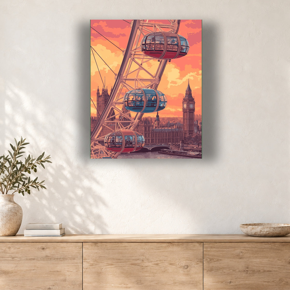 Tableau peinture par numéro Grande Roue sur la Tamise accroché dans un intérieur décoré, Maison Artsen