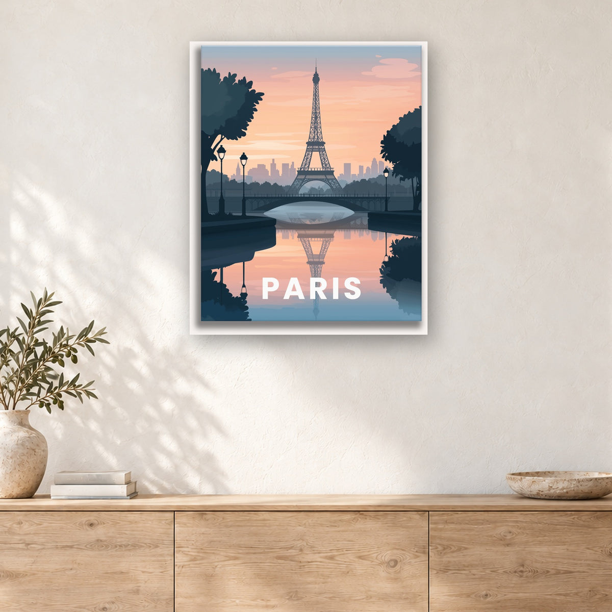 Tableau peinture par numéro Reflets de Paris au Soir accroché dans un intérieur décoré, Maison Artsen
