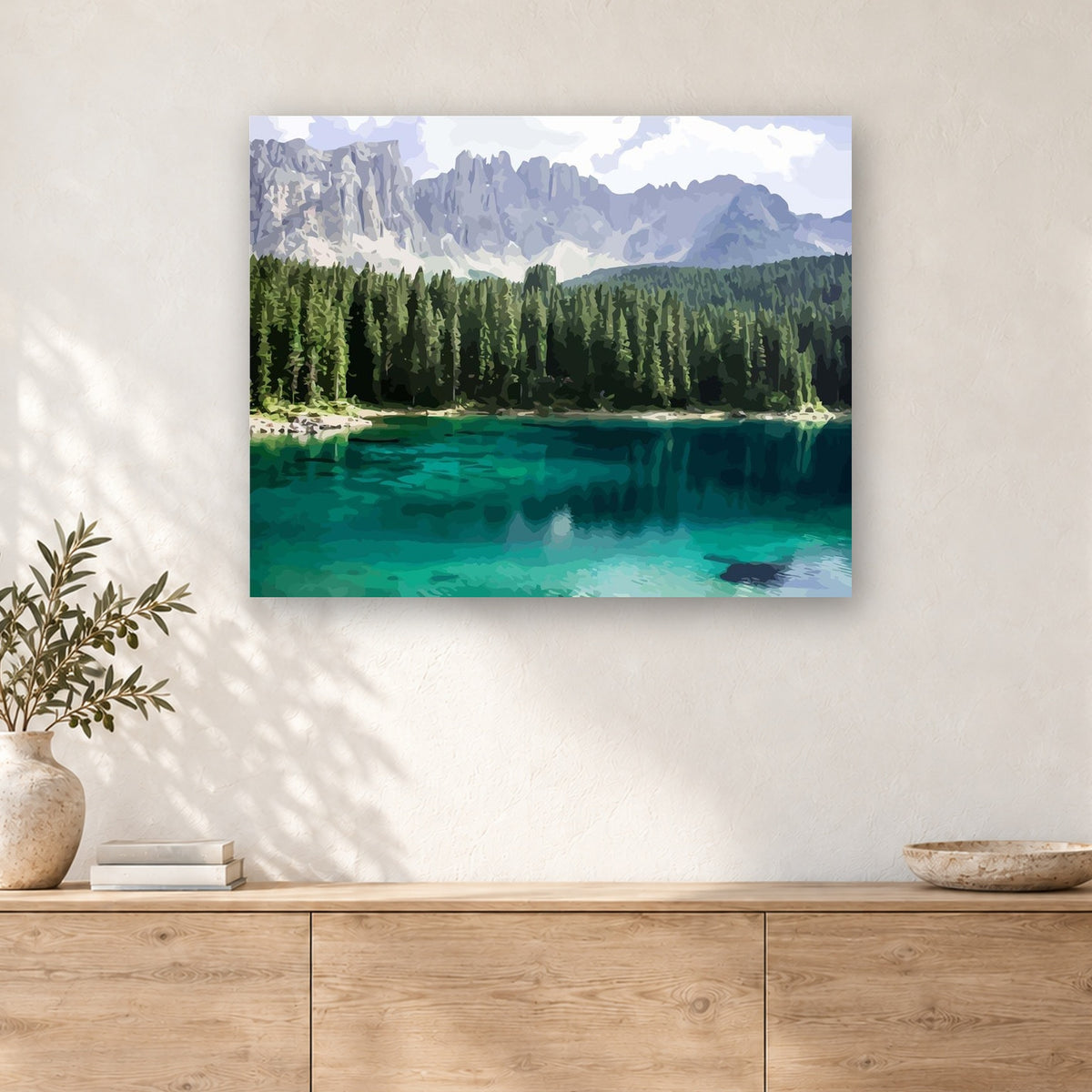 Tableau peinture par numéro Lac Émeraude sous les Cimes accroché dans un intérieur décoré, Maison Artsen