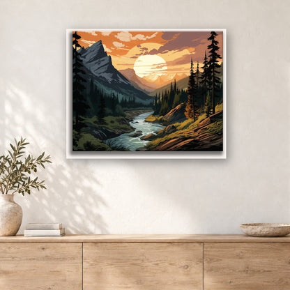 Tableau peinture par numéro Torrent au Soleil Couchant accroché dans un intérieur décoré, Maison Artsen