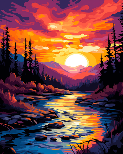Peinture par numéro adulte Rivière au Ciel de Feu, visuel complet du design sur toile, Maison Artsen