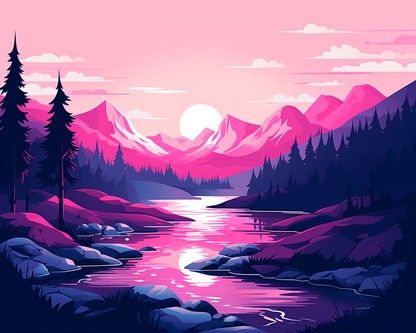 Peinture par numéro adulte Crépuscule Magenta sur le Lac, visuel complet du design sur toile, Maison Artsen