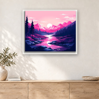 Tableau peinture par numéro Crépuscule Magenta sur le Lac accroché dans un intérieur décoré, Maison Artsen