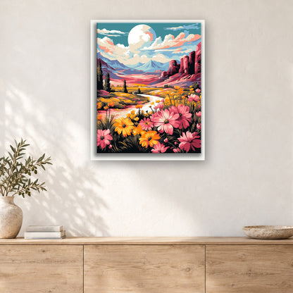 Tableau peinture par numéro Fleurs Sauvages du Canyon accroché dans un intérieur décoré, Maison Artsen
