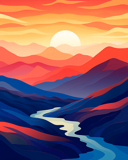 Peinture par numéro adulte Crêtes en Couleurs au Couchant, visuel complet du design sur toile, Maison Artsen