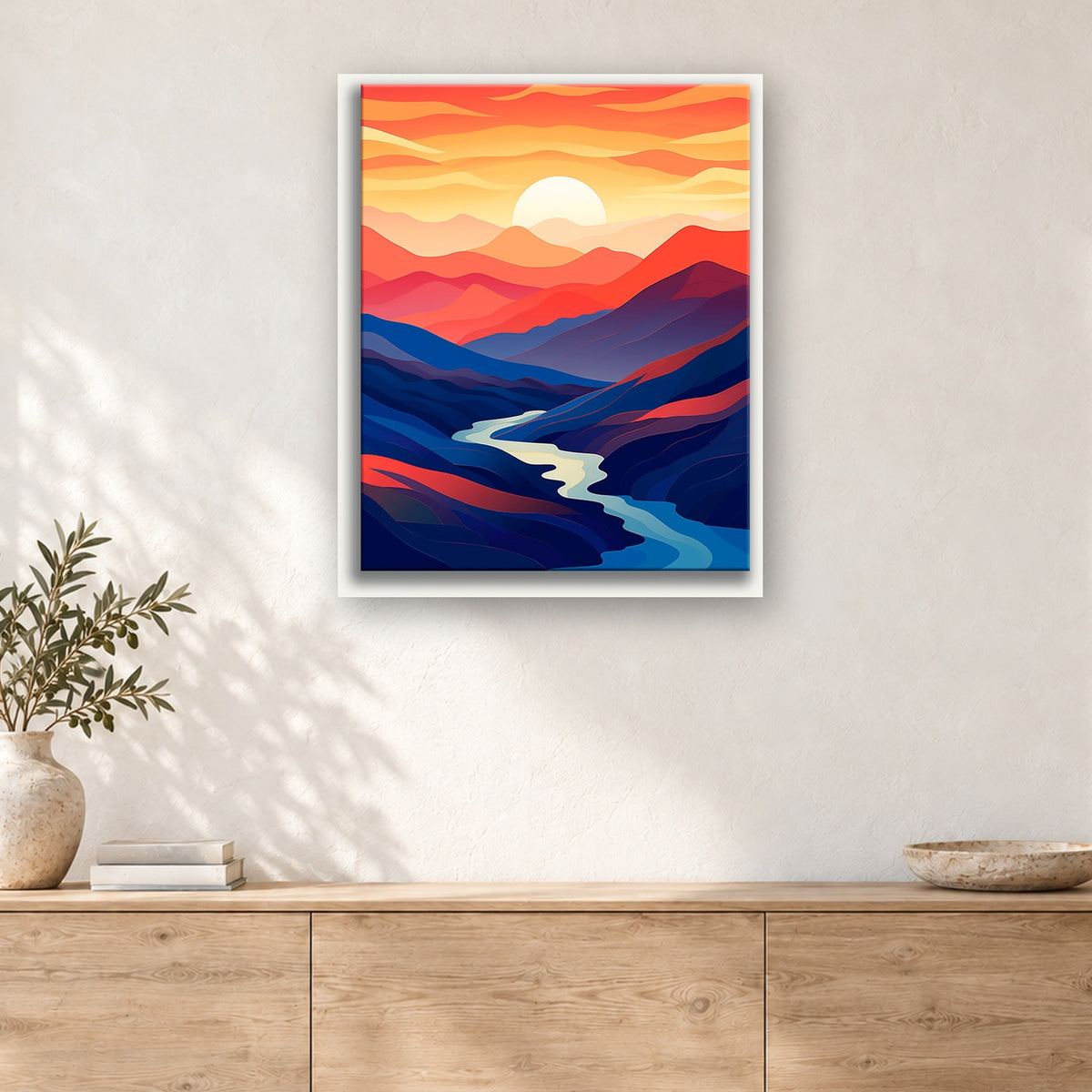 Tableau peinture par numéro Crêtes en Couleurs au Couchant accroché dans un intérieur décoré, Maison Artsen
