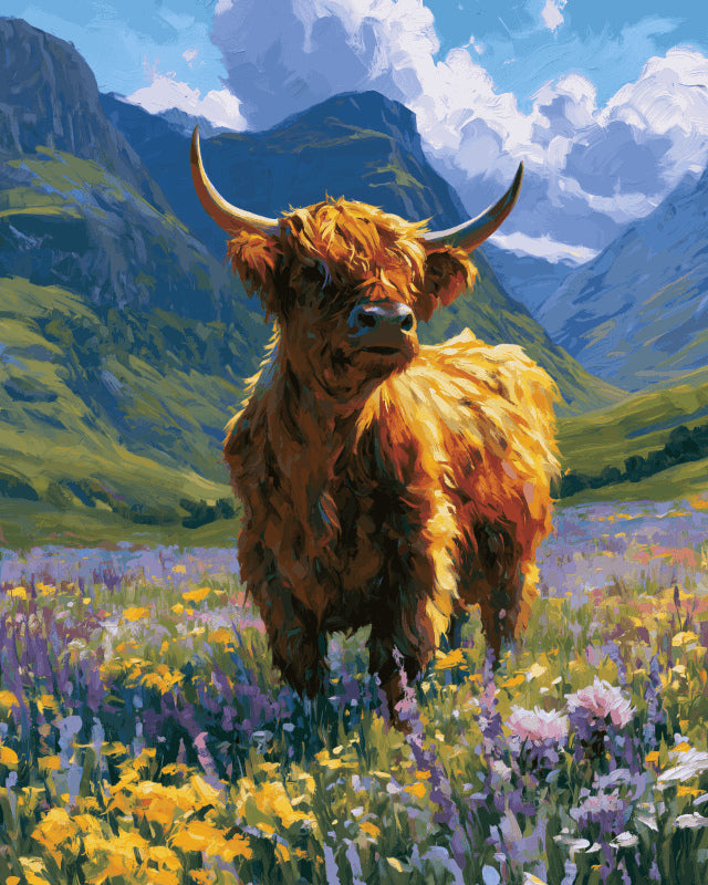 Peinture par numéro adulte Vache Highland dans les Fleurs, visuel complet du design sur toile, Maison Artsen